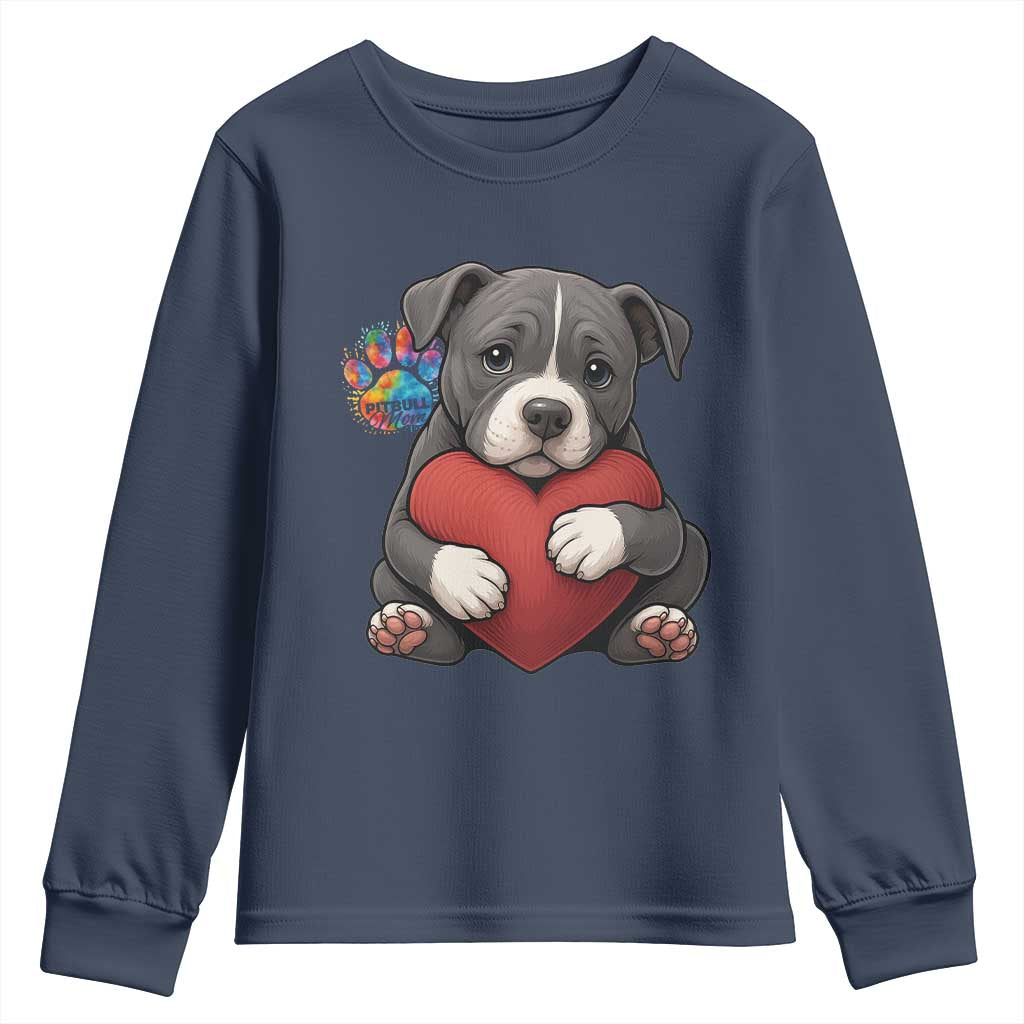 Pitbull Mom Youth Sweatshirt Cute Puppy Hugging Heart Love Dog TS12 Navy Print Your Wear