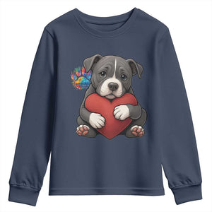 Pitbull Mom Youth Sweatshirt Cute Puppy Hugging Heart Love Dog TS12 Navy Print Your Wear