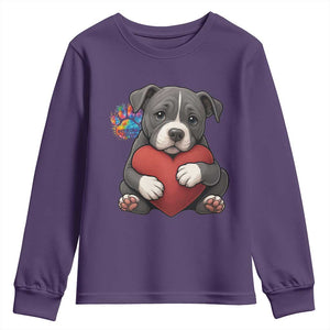 Pitbull Mom Youth Sweatshirt Cute Puppy Hugging Heart Love Dog TS12 Purple Print Your Wear