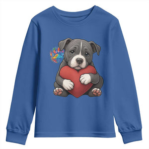 Pitbull Mom Youth Sweatshirt Cute Puppy Hugging Heart Love Dog TS12 Royal Blue Print Your Wear