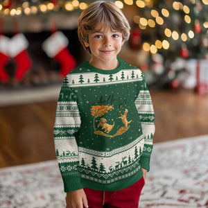 Funny Hello Fall Thanksgiving Golden Retriever Ugly Christmas Sweater TS12 Forest Green Beige Print Your Wear