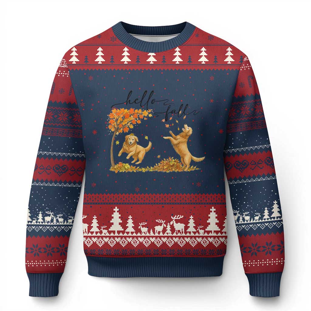 Funny Hello Fall Thanksgiving Golden Retriever Ugly Christmas Sweater TS12 Navy Red Print Your Wear