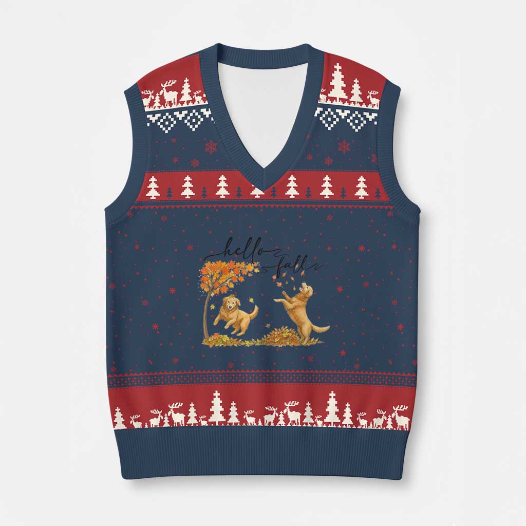 Funny Hello Fall Thanksgiving Golden Retriever V-Neck Knit Sweater Vest TS12 Navy Red Print Your Wear