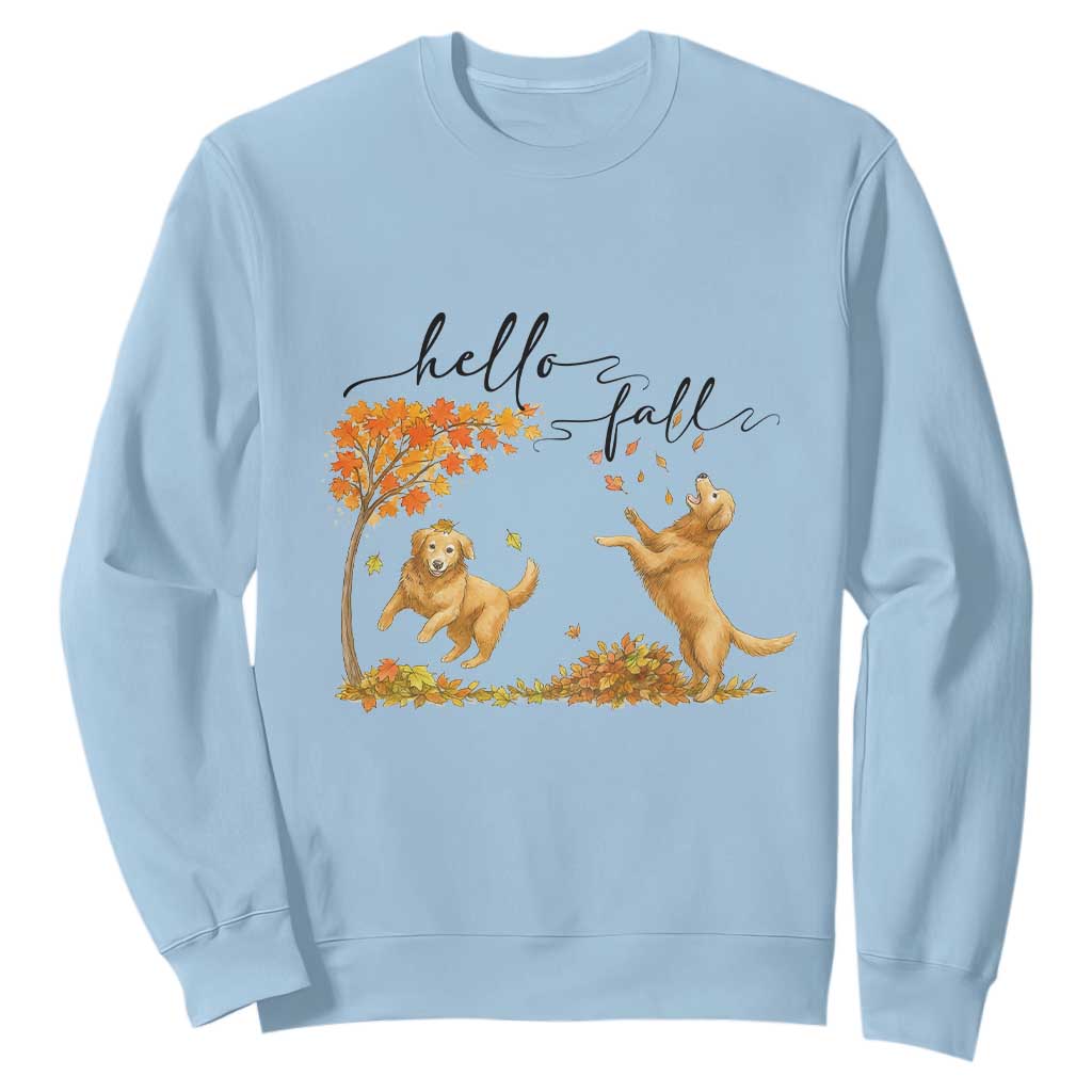Funny Hello Fall Thanksgiving Golden Retriever Sweatshirt TS12 Light Blue Print Your Wear