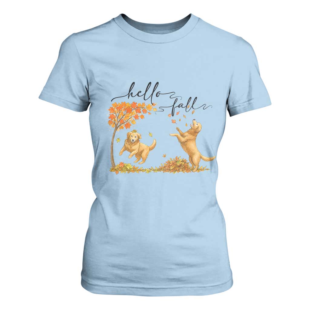 Funny Hello Fall Thanksgiving Golden Retriever T Shirt For Women TS12 Light Blue Print Your Wear