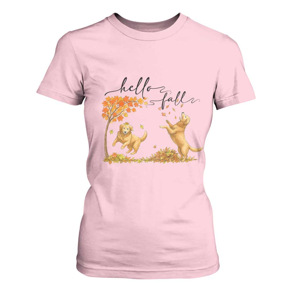 Funny Hello Fall Thanksgiving Golden Retriever T Shirt For Women TS12 Light Pink Print Your Wear