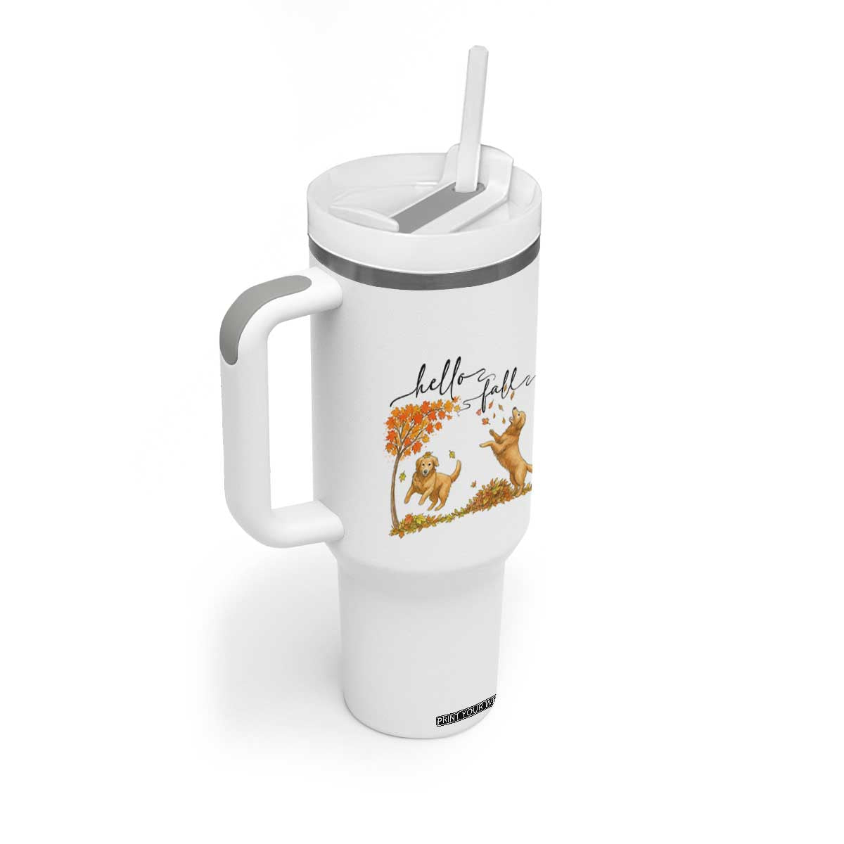 Funny Hello Fall Thanksgiving Golden Retriever Tumbler With Handle TS12 Print Your Wear