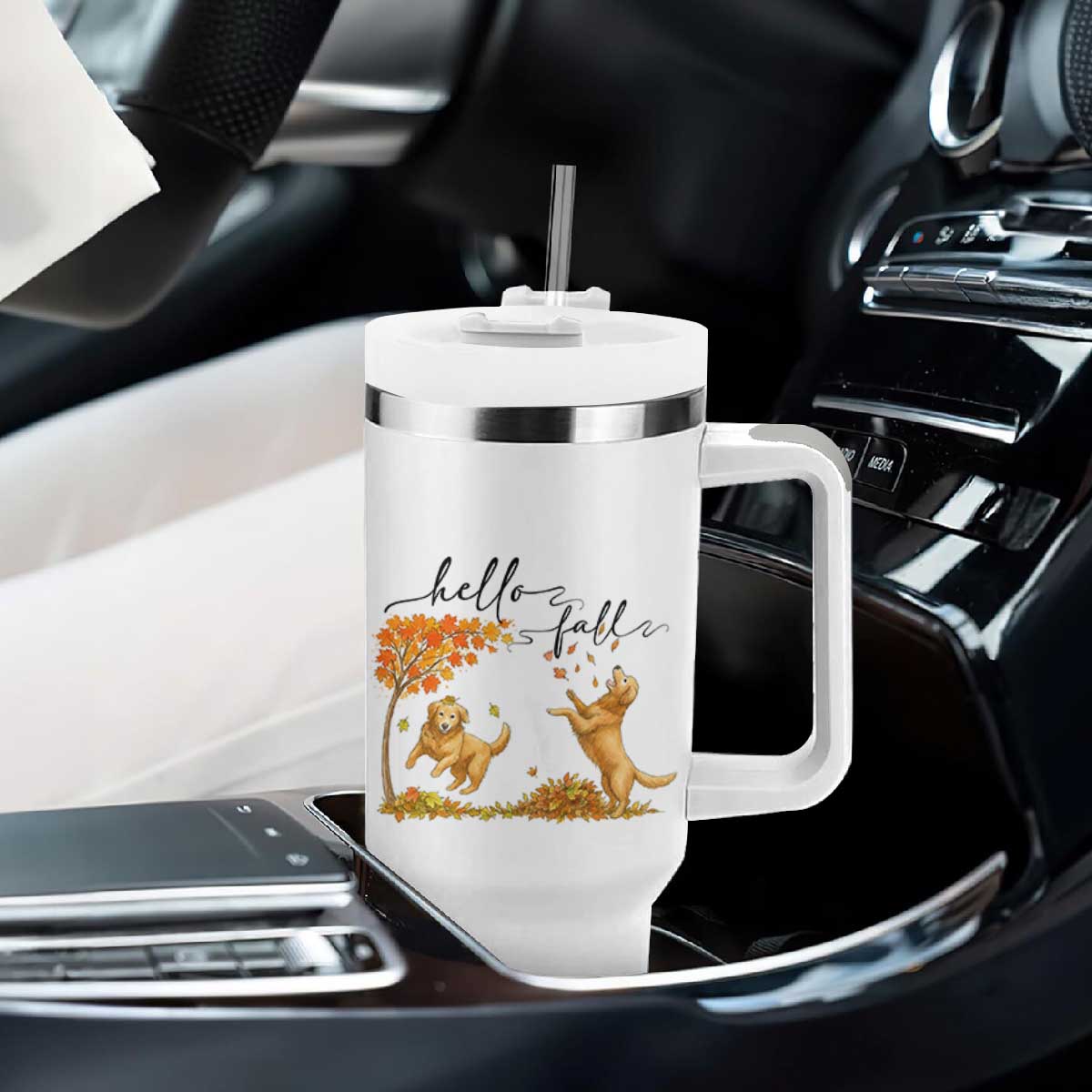 Funny Hello Fall Thanksgiving Golden Retriever Tumbler With Handle TS12 Print Your Wear
