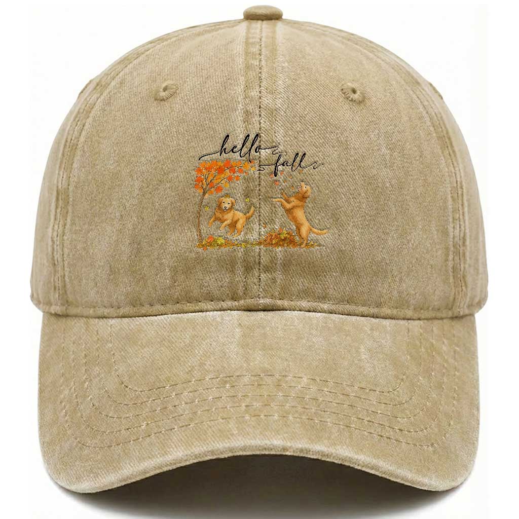 Funny Hello Fall Thanksgiving Golden Retriever Washed Cotton Baseball Cap TS12 Print Your Wear