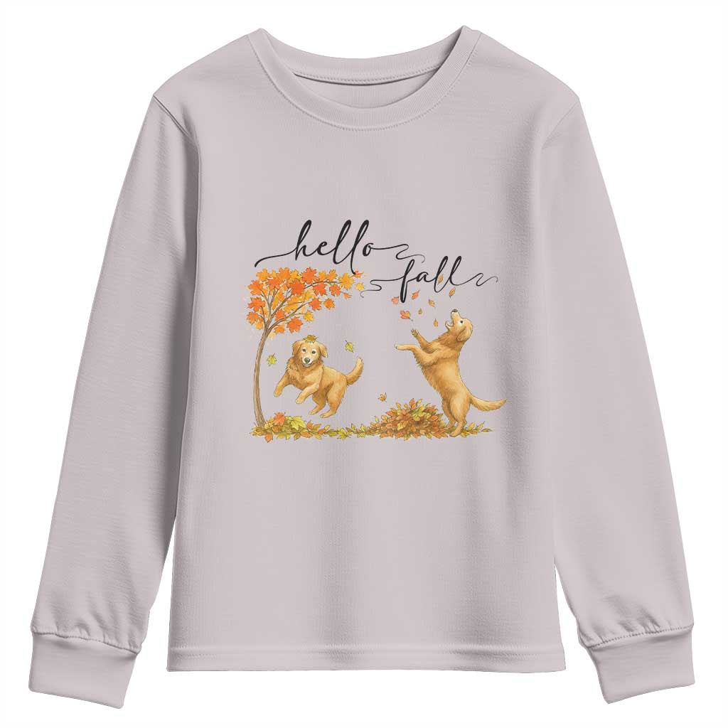 Funny Hello Fall Thanksgiving Golden Retriever Youth Sweatshirt TS12 Ice Gray Print Your Wear