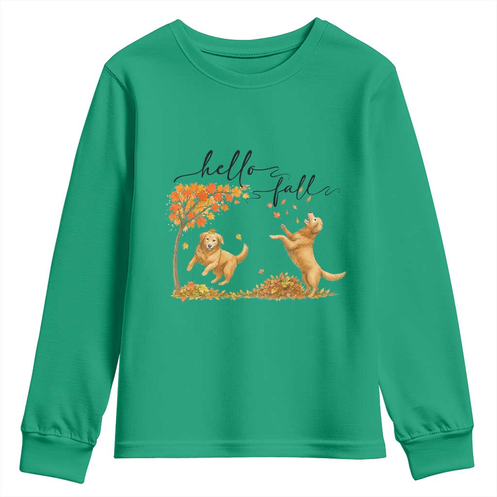 Funny Hello Fall Thanksgiving Golden Retriever Youth Sweatshirt TS12 Irish Green Print Your Wear