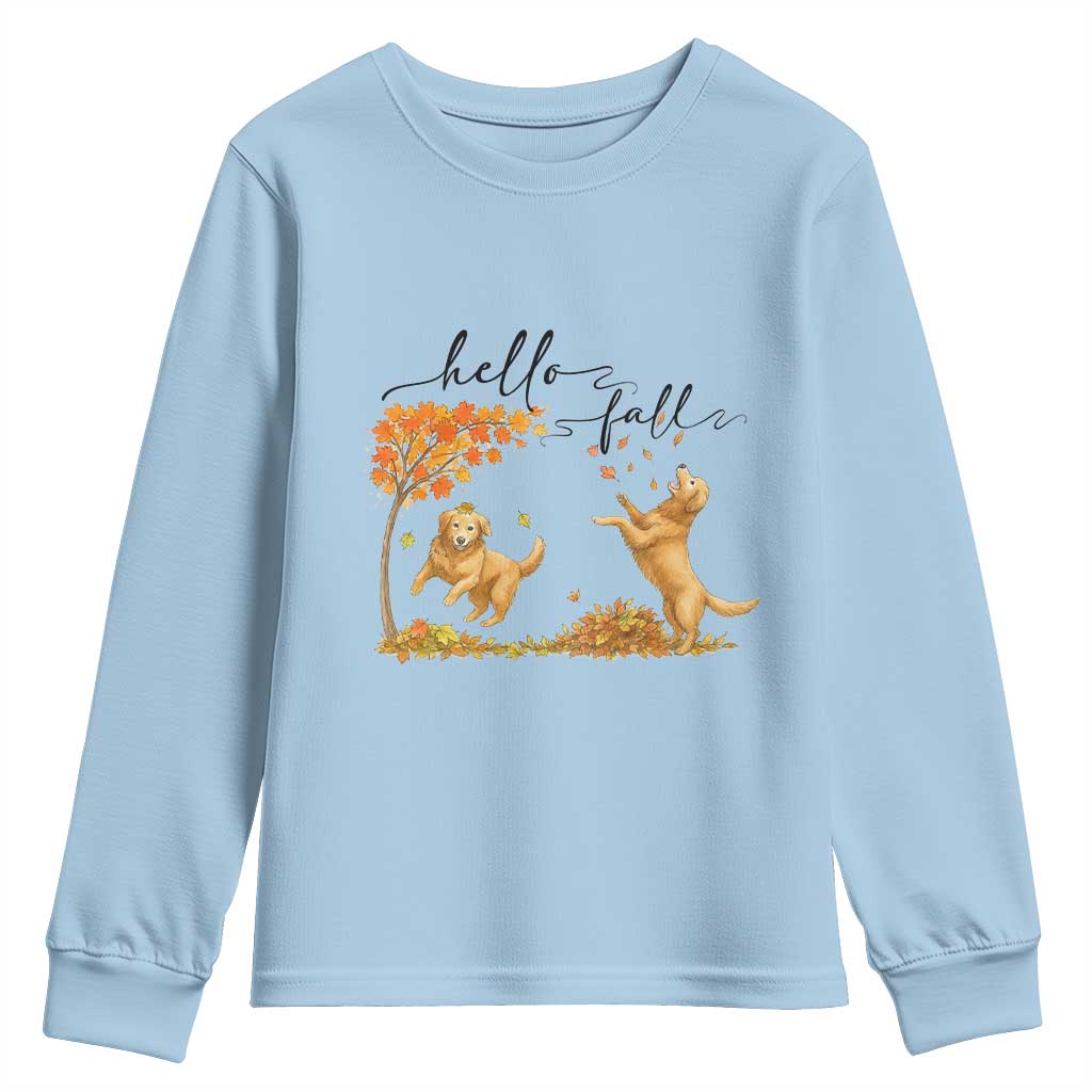 Funny Hello Fall Thanksgiving Golden Retriever Youth Sweatshirt TS12 Light Blue Print Your Wear