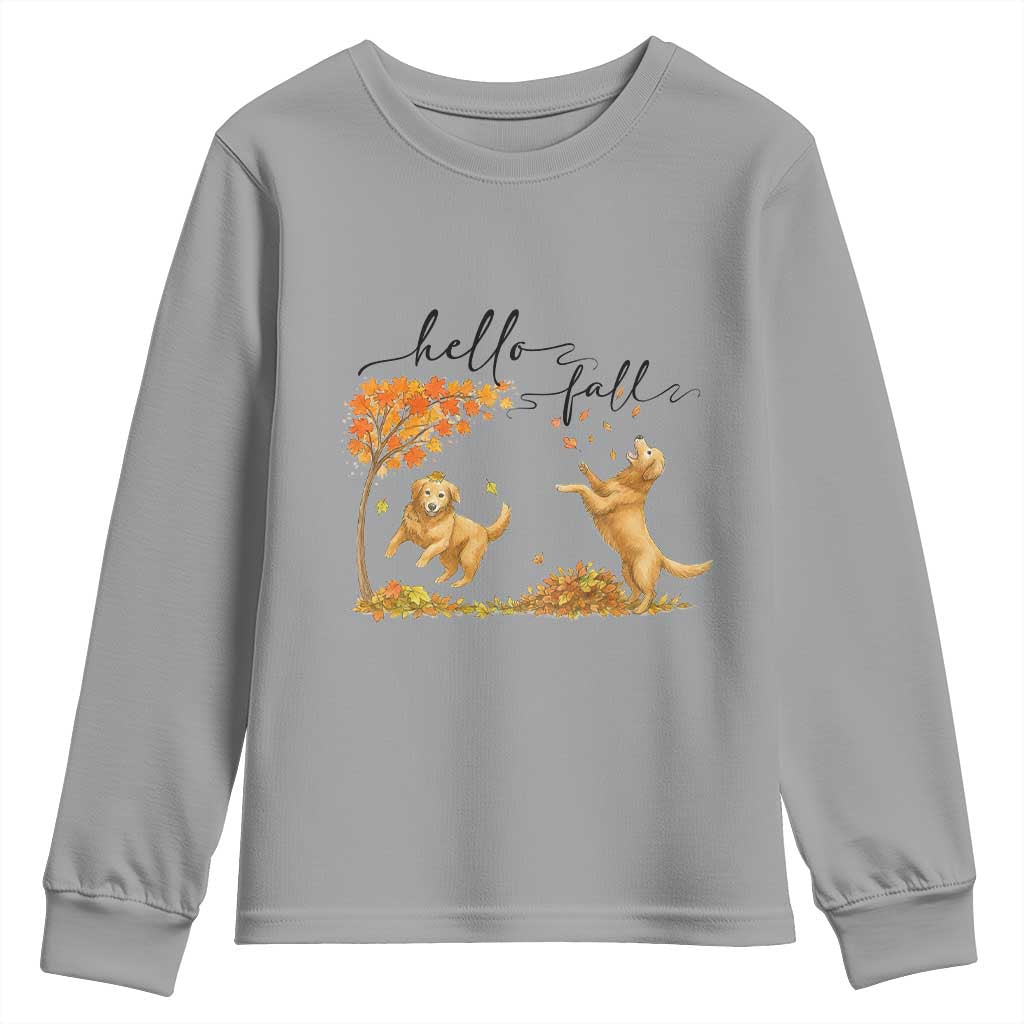 Funny Hello Fall Thanksgiving Golden Retriever Youth Sweatshirt TS12 Sport Gray Print Your Wear