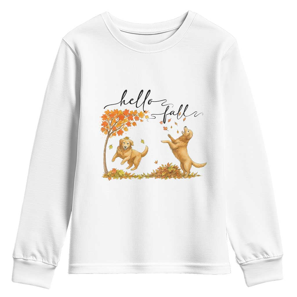 Funny Hello Fall Thanksgiving Golden Retriever Youth Sweatshirt TS12 White Print Your Wear