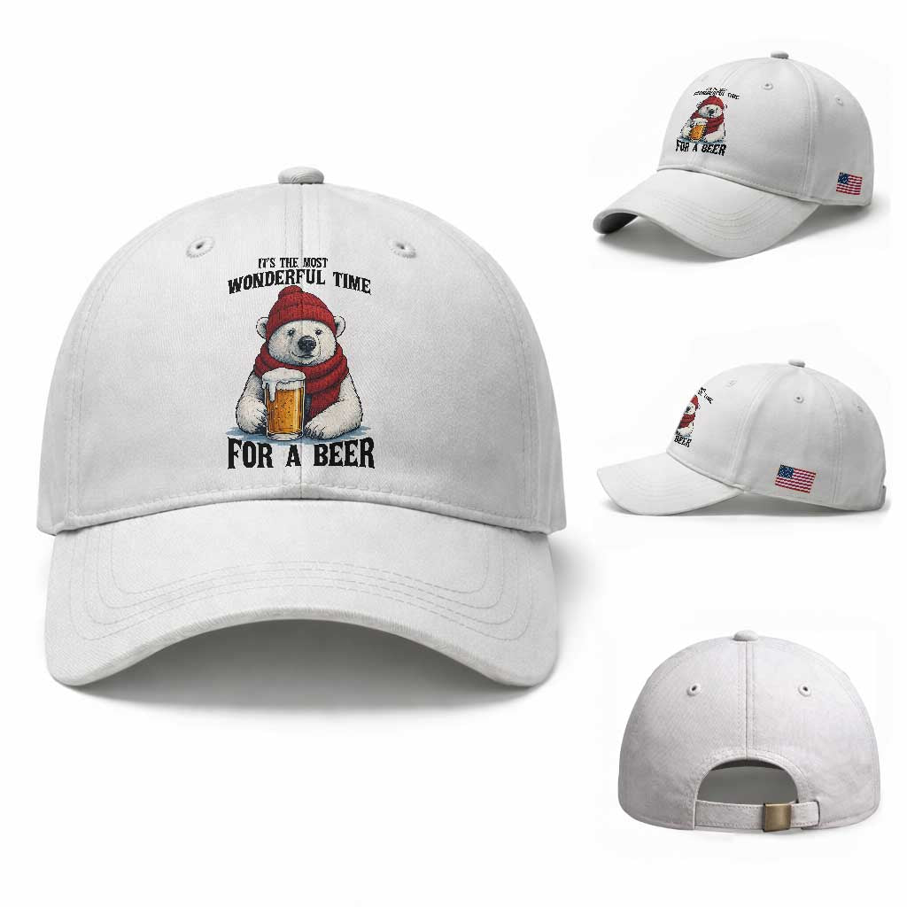 It is The Most Wonderful Time For A Beer Baseball Cap Funny Polar Bear Drinking Beer TS12 Baseball Cap Universal Fit White Print Your Wear