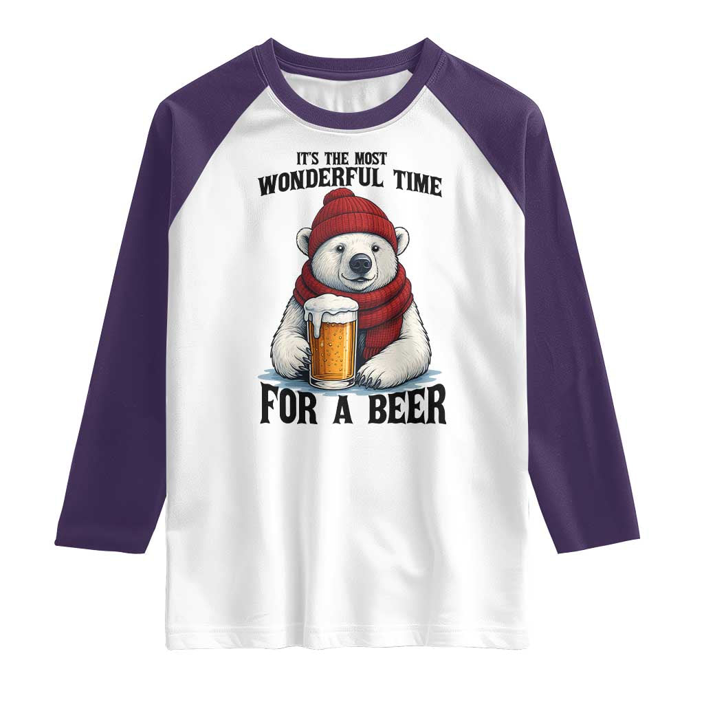It is The Most Wonderful Time For A Beer Raglan Shirt Funny Polar Bear Drinking Beer TS12 White Purple Print Your Wear