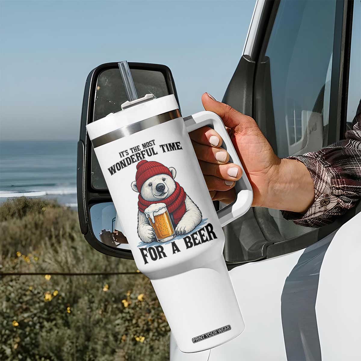 It is The Most Wonderful Time For A Beer Tumbler With Handle Funny Polar Bear Drinking Beer TS12 Print Your Wear
