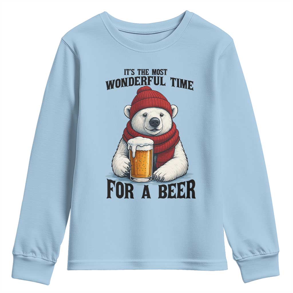 It is The Most Wonderful Time For A Beer Youth Sweatshirt Funny Polar Bear Drinking Beer TS12 Light Blue Print Your Wear