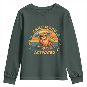 Chill Mode Activated Youth Sweatshirt Funny Sloth Summer Beach Vibes TS12 Dark Forest Green Print Your Wear