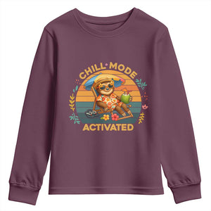 Chill Mode Activated Youth Sweatshirt Funny Sloth Summer Beach Vibes TS12 Maroon Print Your Wear
