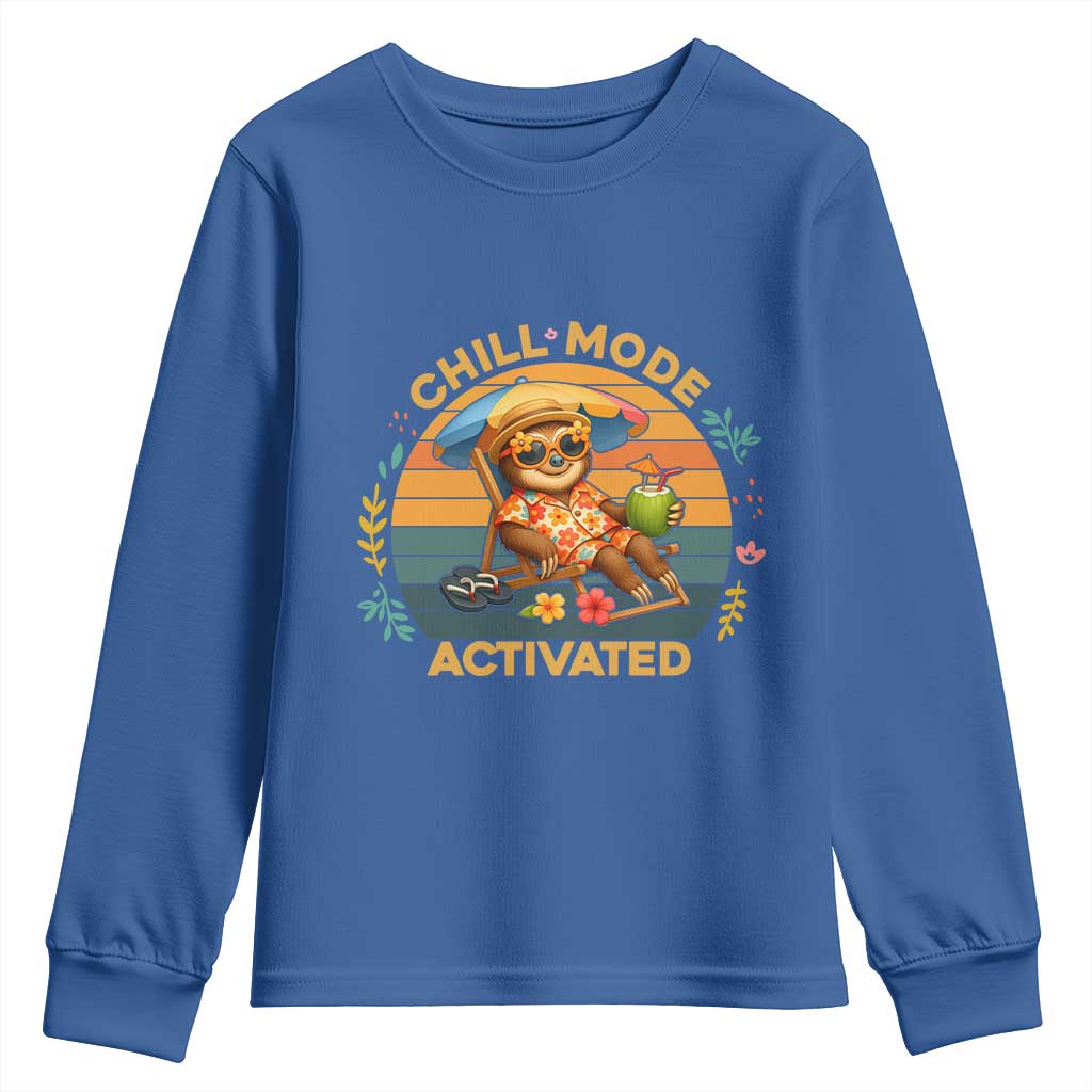 Chill Mode Activated Youth Sweatshirt Funny Sloth Summer Beach Vibes TS12 Royal Blue Print Your Wear