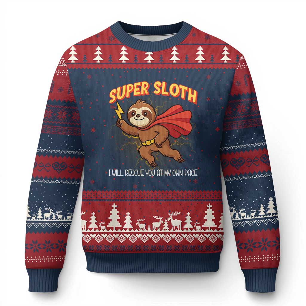 Funny Super Sloth I Will Rescue You At My Own Pace Gift Ugly Christmas Sweater TS12 Navy Red Print Your Wear