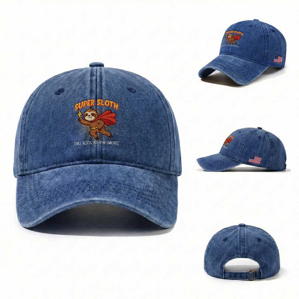 Funny Super Sloth I Will Rescue You At My Own Pace Gift Washed Cotton Baseball Cap TS12 Washed Cap Universal Fit Royal Blue Print Your Wear