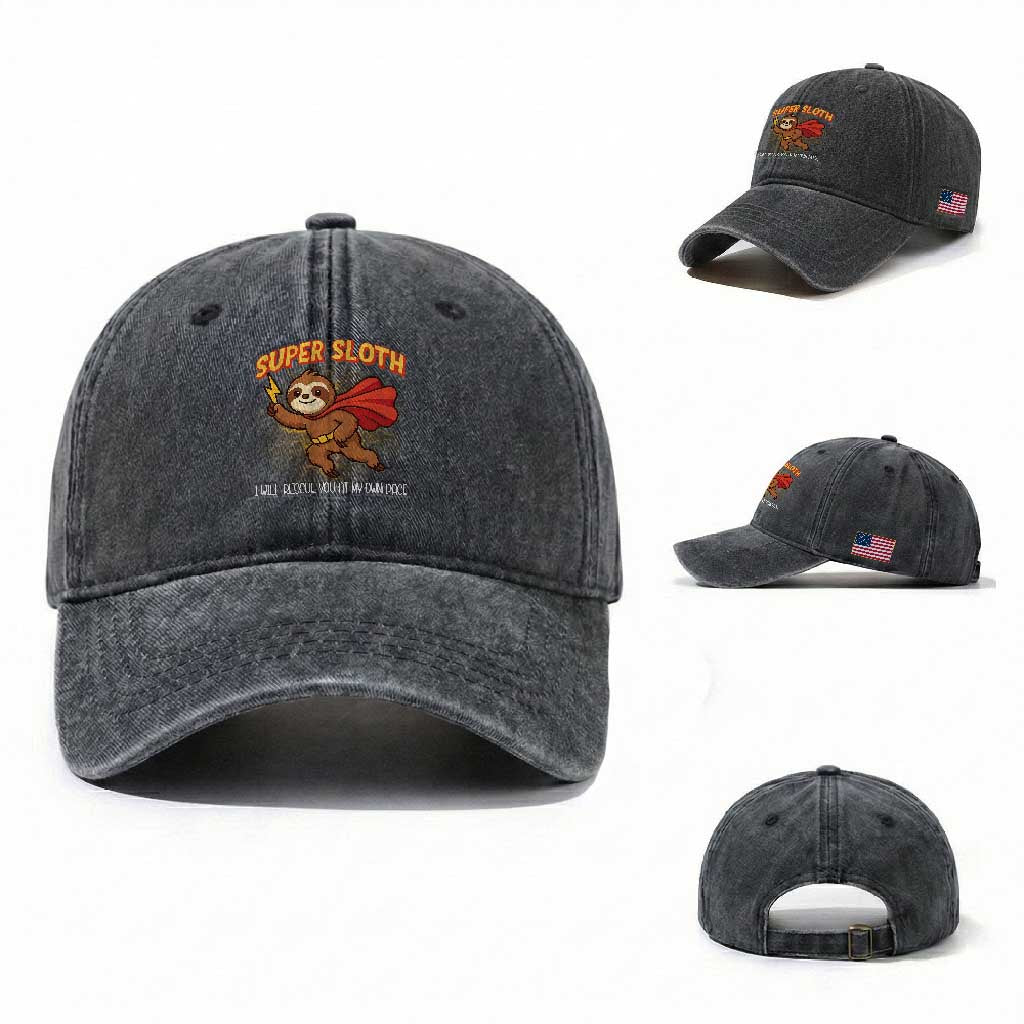 Funny Super Sloth I Will Rescue You At My Own Pace Gift Washed Cotton Baseball Cap TS12 Washed Cap Universal Fit Dark Gray Print Your Wear