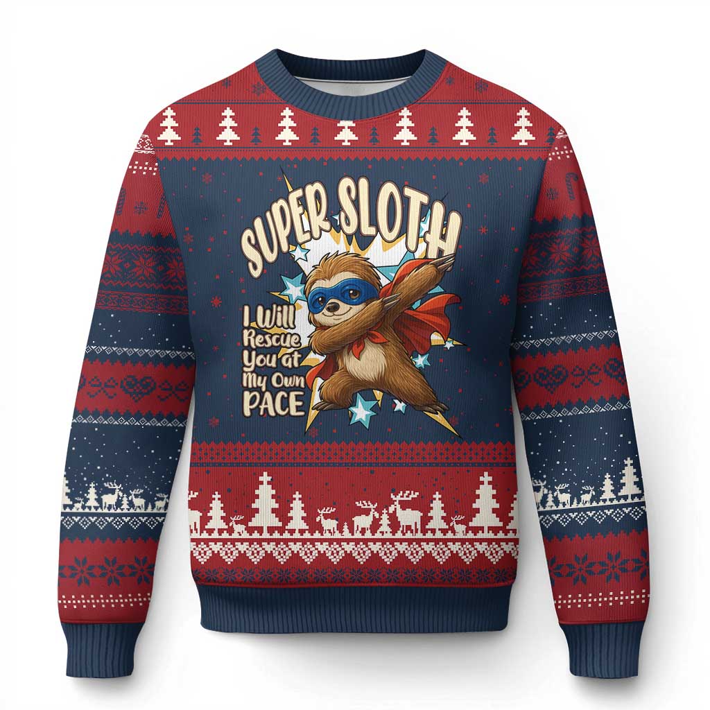 Super Sloth I Will Rescue You Ugly Christmas Sweater Funny Sloth Lover Gift TS12 Navy Red Print Your Wear
