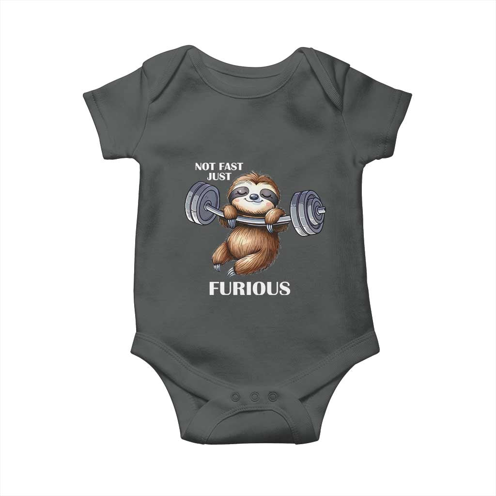 Funny Gym Sloth Baby Onesie Not Fast Just Furious TS12 Dark Heather Print Your Wear