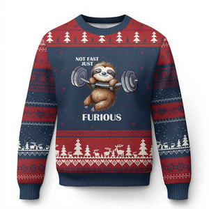 Funny Gym Sloth Ugly Christmas Sweater Not Fast Just Furious TS12 Navy Red Print Your Wear