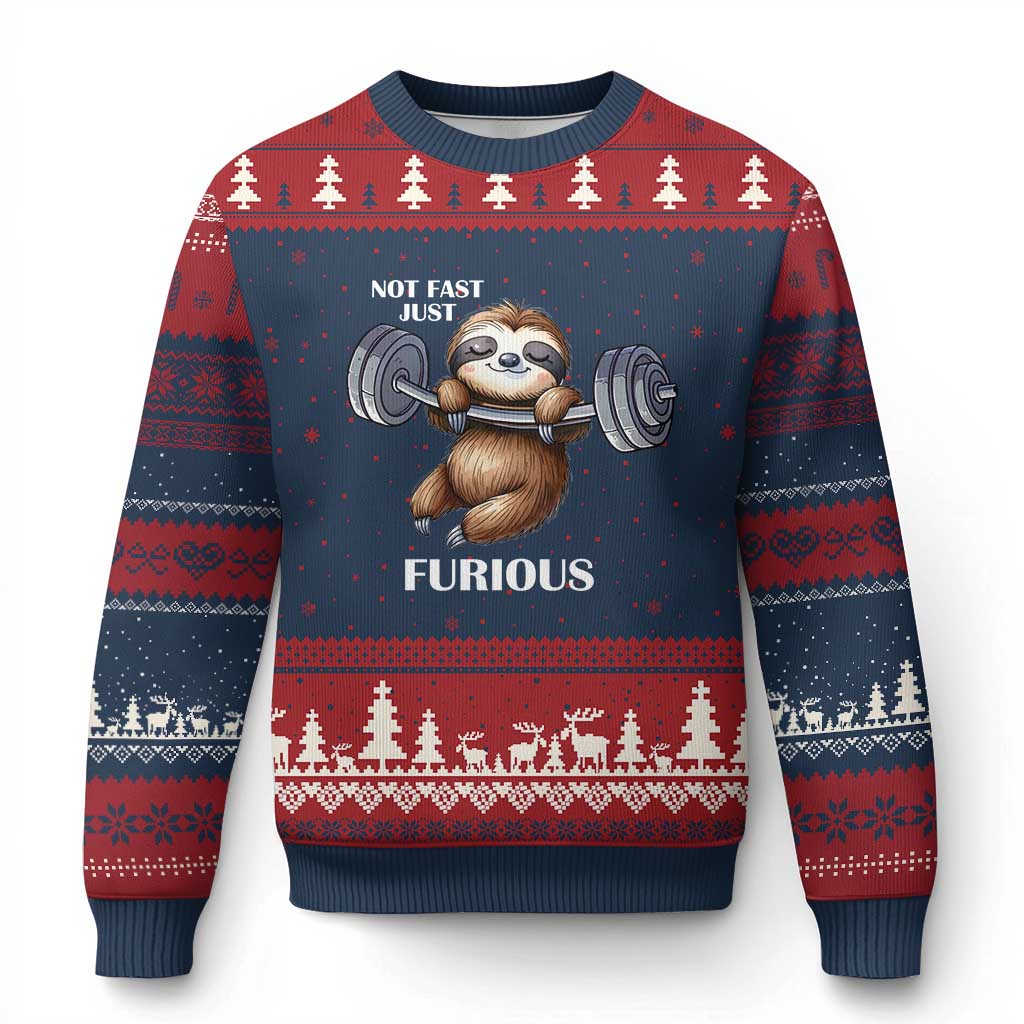 Funny Gym Sloth Ugly Christmas Sweater Not Fast Just Furious TS12 Navy Red Print Your Wear