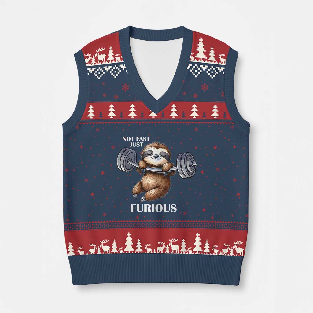 Funny Gym Sloth V-Neck Knit Sweater Vest Not Fast Just Furious TS12 Navy Red Print Your Wear