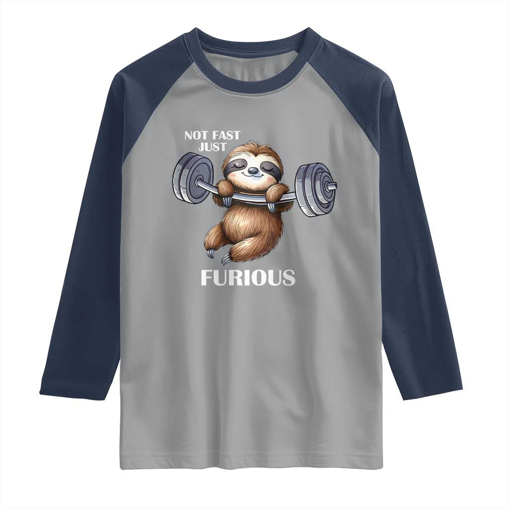 Funny Gym Sloth Raglan Shirt Not Fast Just Furious TS12 Sport Gray Navy Print Your Wear