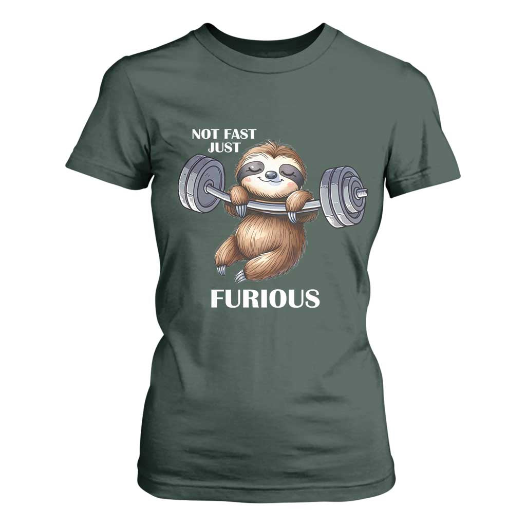 Funny Gym Sloth T Shirt For Women Not Fast Just Furious TS12 Dark Forest Green Print Your Wear
