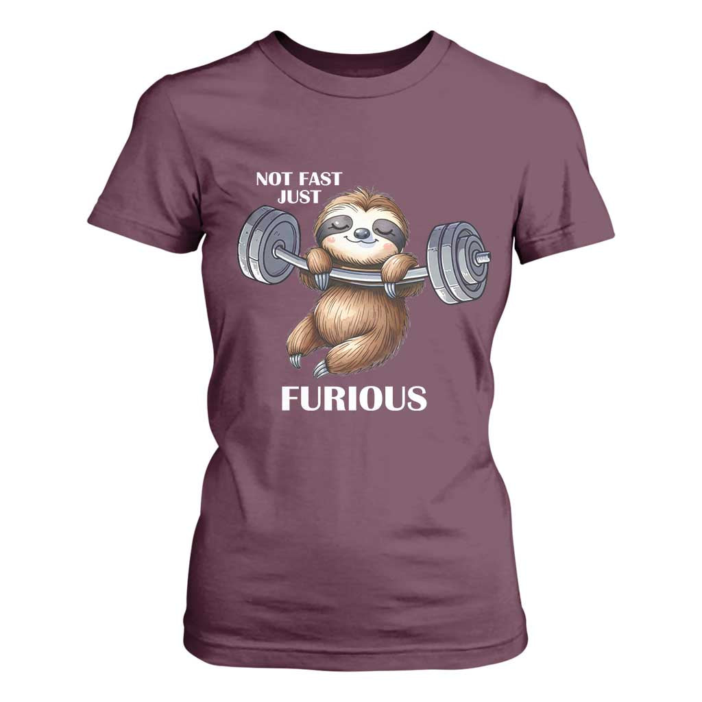 Funny Gym Sloth T Shirt For Women Not Fast Just Furious TS12 Maroon Print Your Wear