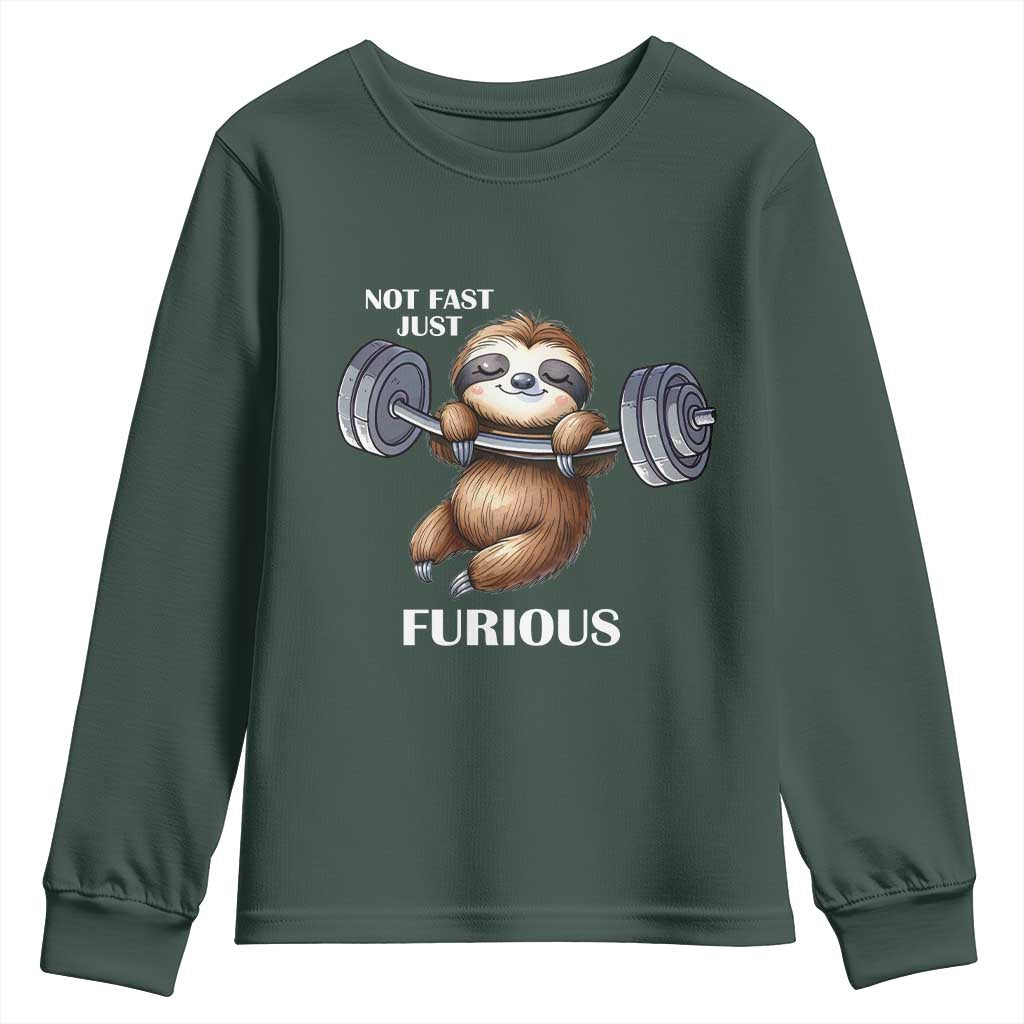 Funny Gym Sloth Youth Sweatshirt Not Fast Just Furious TS12 Dark Forest Green Print Your Wear