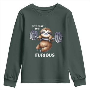 Funny Gym Sloth Youth Sweatshirt Not Fast Just Furious TS12 Dark Forest Green Print Your Wear