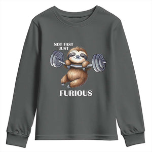 Funny Gym Sloth Youth Sweatshirt Not Fast Just Furious TS12 Dark Heather Print Your Wear