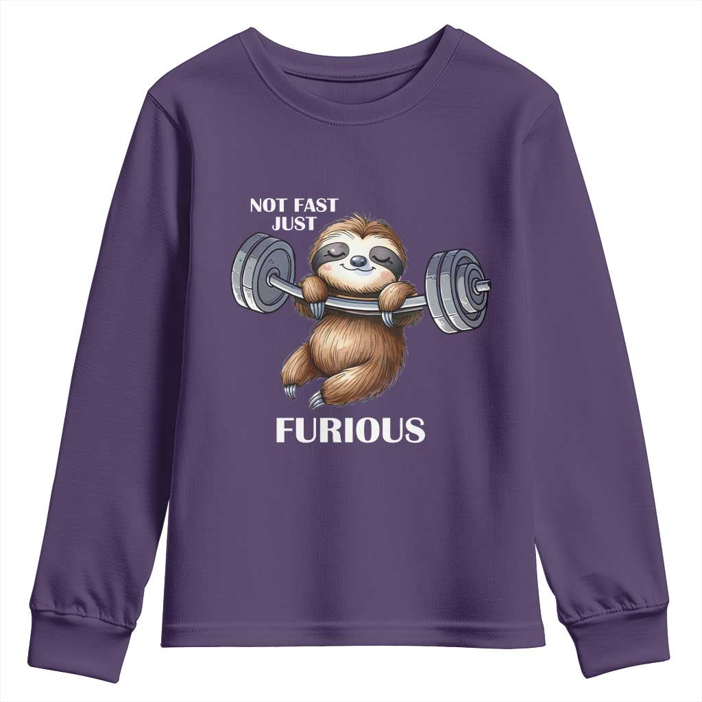 Funny Gym Sloth Youth Sweatshirt Not Fast Just Furious TS12 Purple Print Your Wear