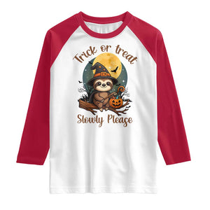 Funny Halloween Sloth Raglan Shirt Trick Or Treat Slowly Please TS12 White Red Print Your Wear