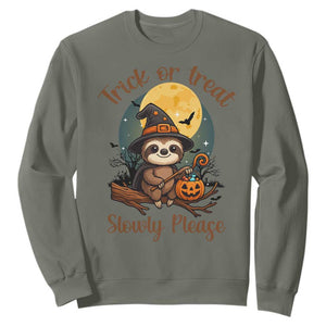 Funny Halloween Sloth Sweatshirt Trick Or Treat Slowly Please TS12 Military Green Print Your Wear