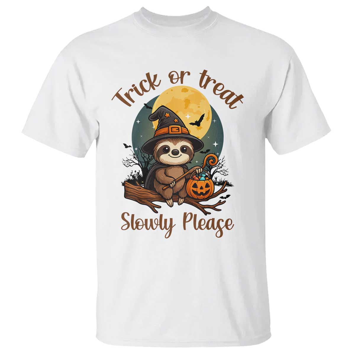 Funny Halloween Sloth T Shirt Trick Or Treat Slowly Please TS12 White Print Your Wear