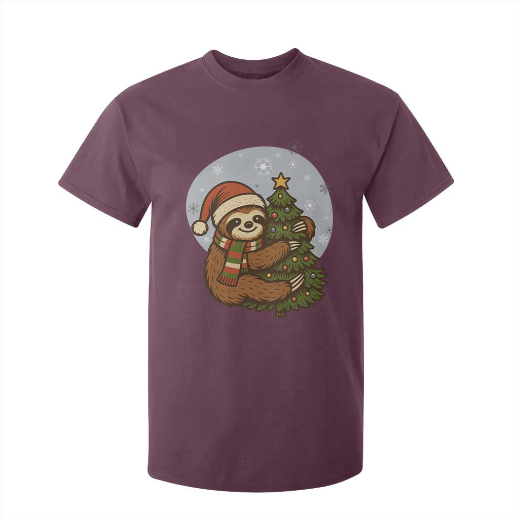 Funny Xmas T Shirt For Kid Slothin Around The Christmas Tree TS12 Maroon Print Your Wear