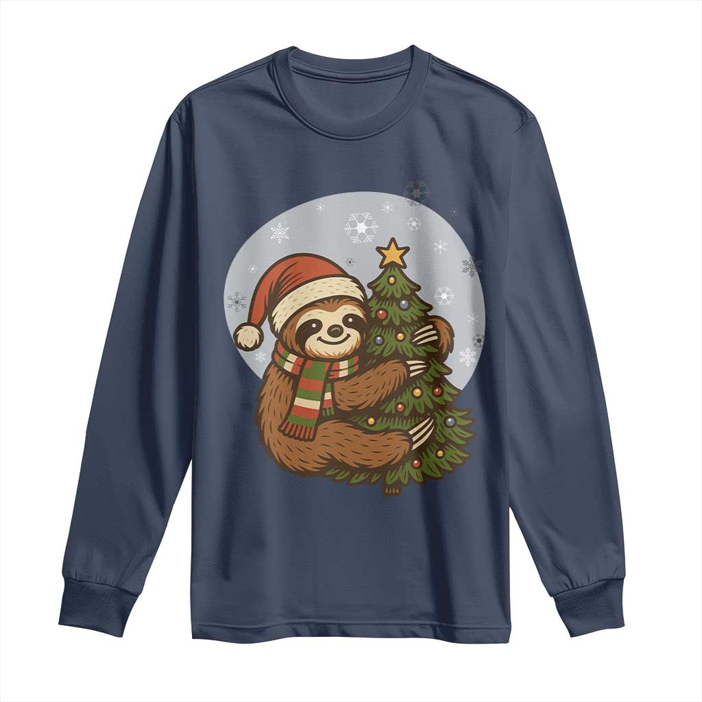 Funny Xmas Long Sleeve Shirt Slothin Around The Christmas Tree TS12 Navy Print Your Wear