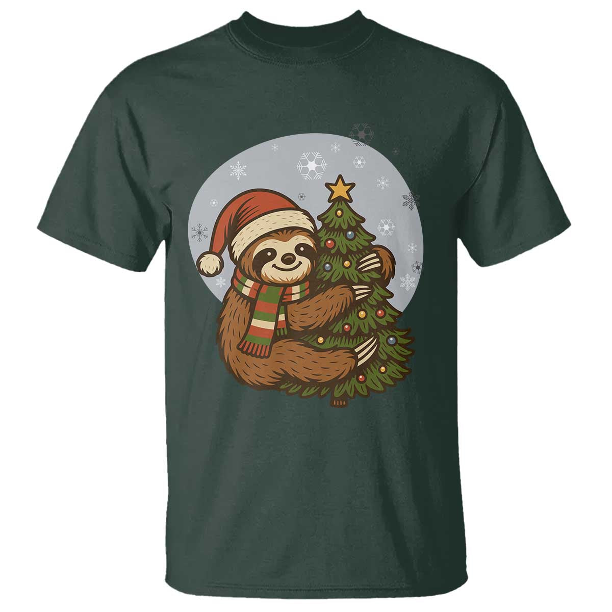 Funny Xmas T Shirt Slothin Around The Christmas Tree TS12 Dark Forest Green Print Your Wear