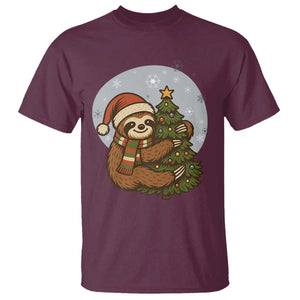 Funny Xmas T Shirt Slothin Around The Christmas Tree TS12 Maroon Print Your Wear