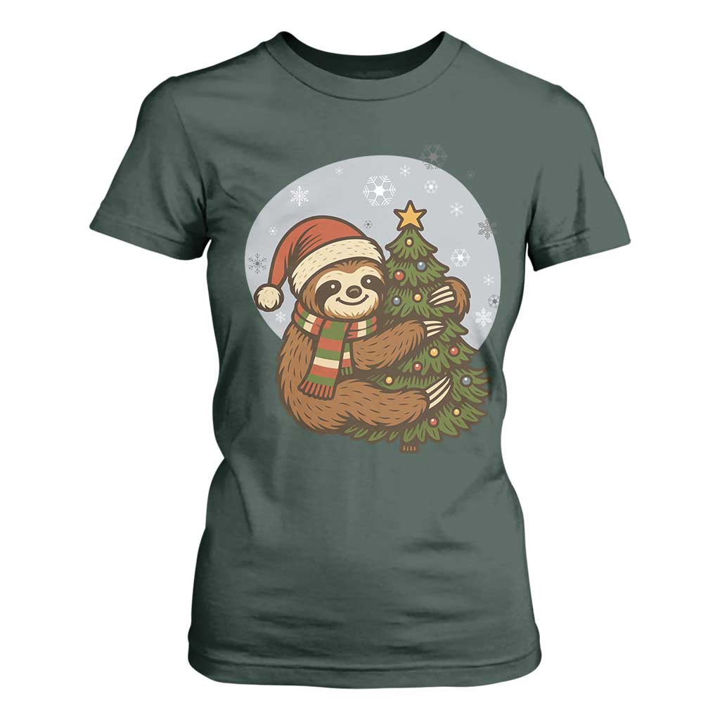 Funny Xmas T Shirt For Women Slothin Around The Christmas Tree TS12 Dark Forest Green Print Your Wear