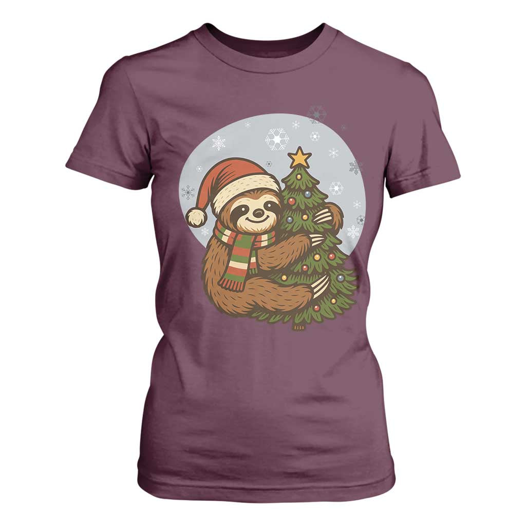 Funny Xmas T Shirt For Women Slothin Around The Christmas Tree TS12 Maroon Print Your Wear