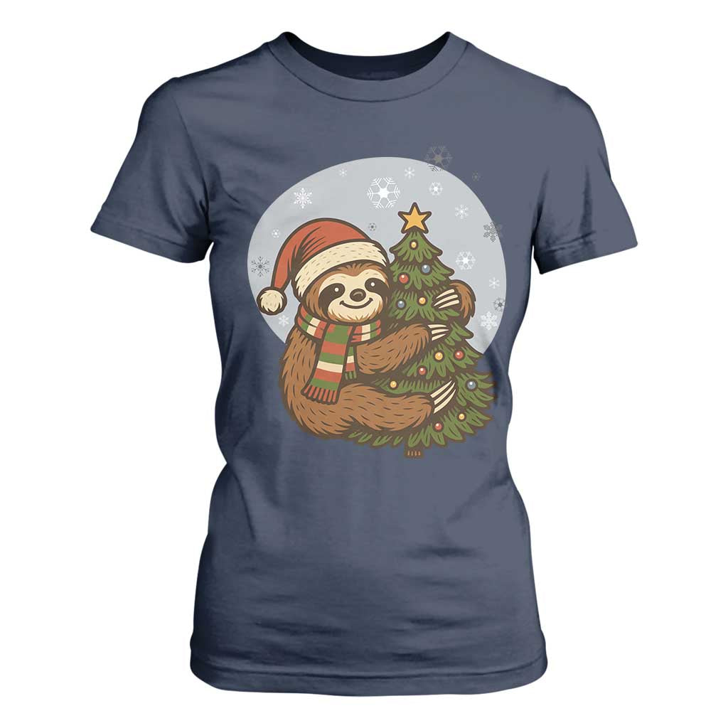 Funny Xmas T Shirt For Women Slothin Around The Christmas Tree TS12 Navy Print Your Wear